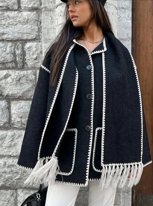 Woman Black Crochet Scarf Coat