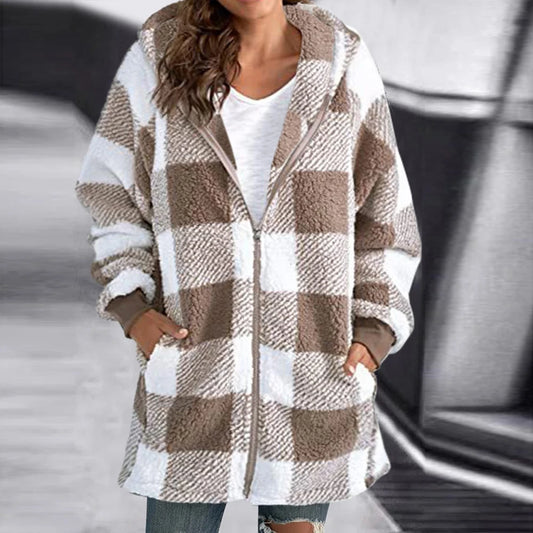 Winter New Long Sleeve Grid Hooded Loose Women's Coat