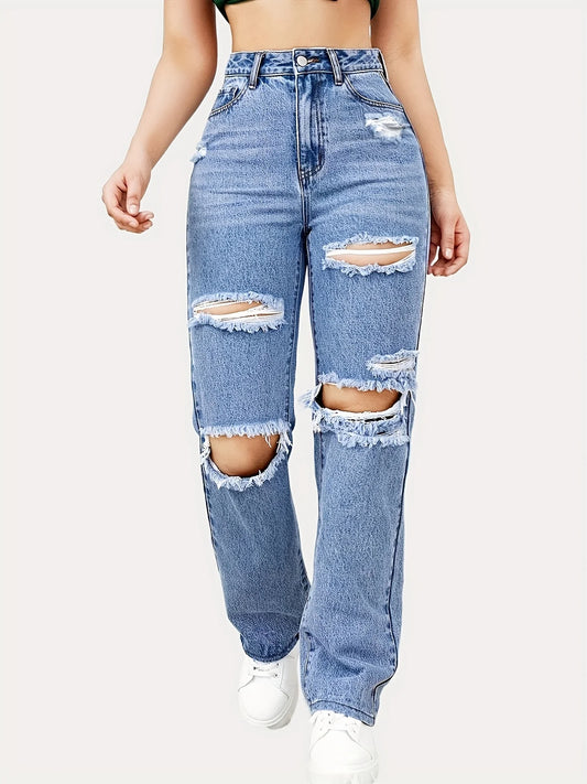 Blue Ripped Baggy Straight Fit Jeans For Women